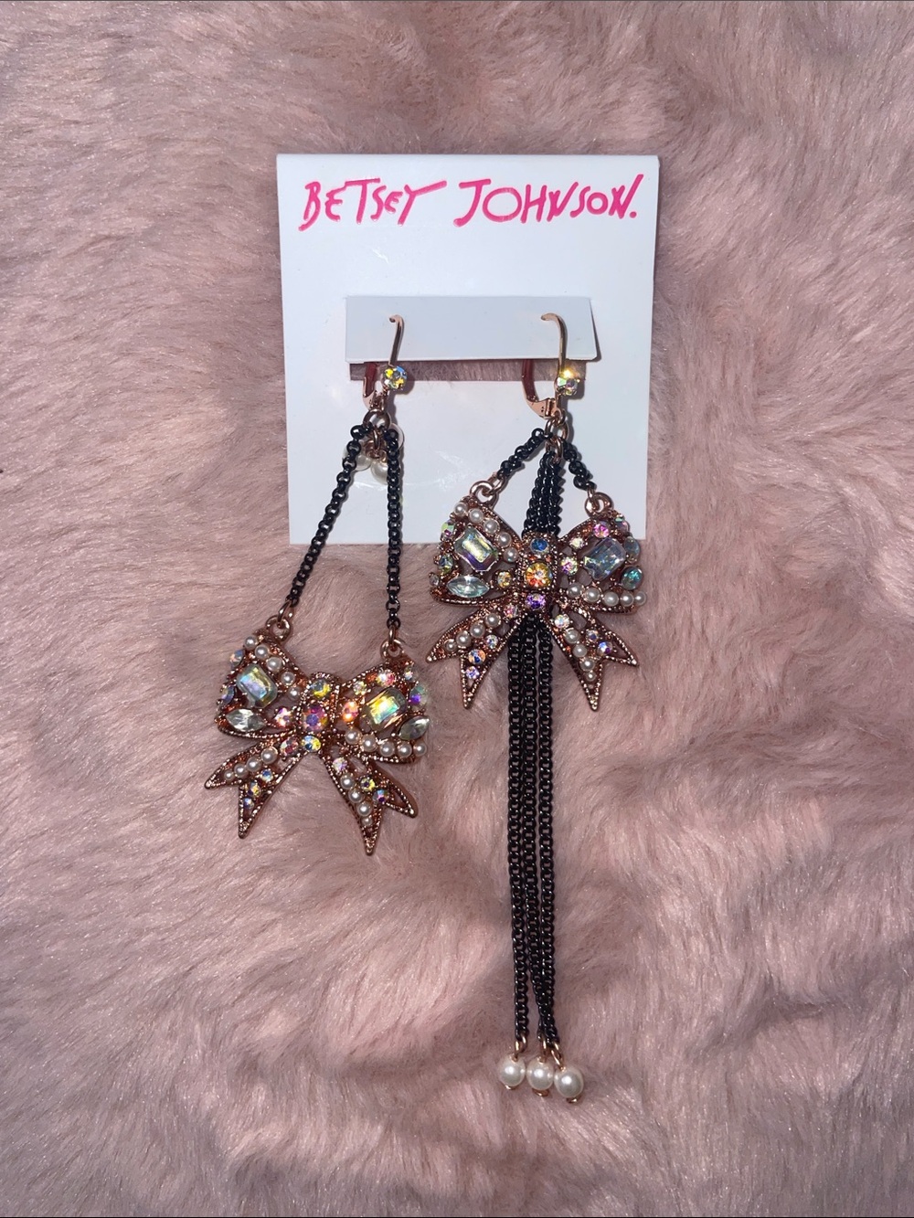 Betsey Johnson "Critter Boost" Crystal Gem Bow Mismatch Drop Earrings NWT